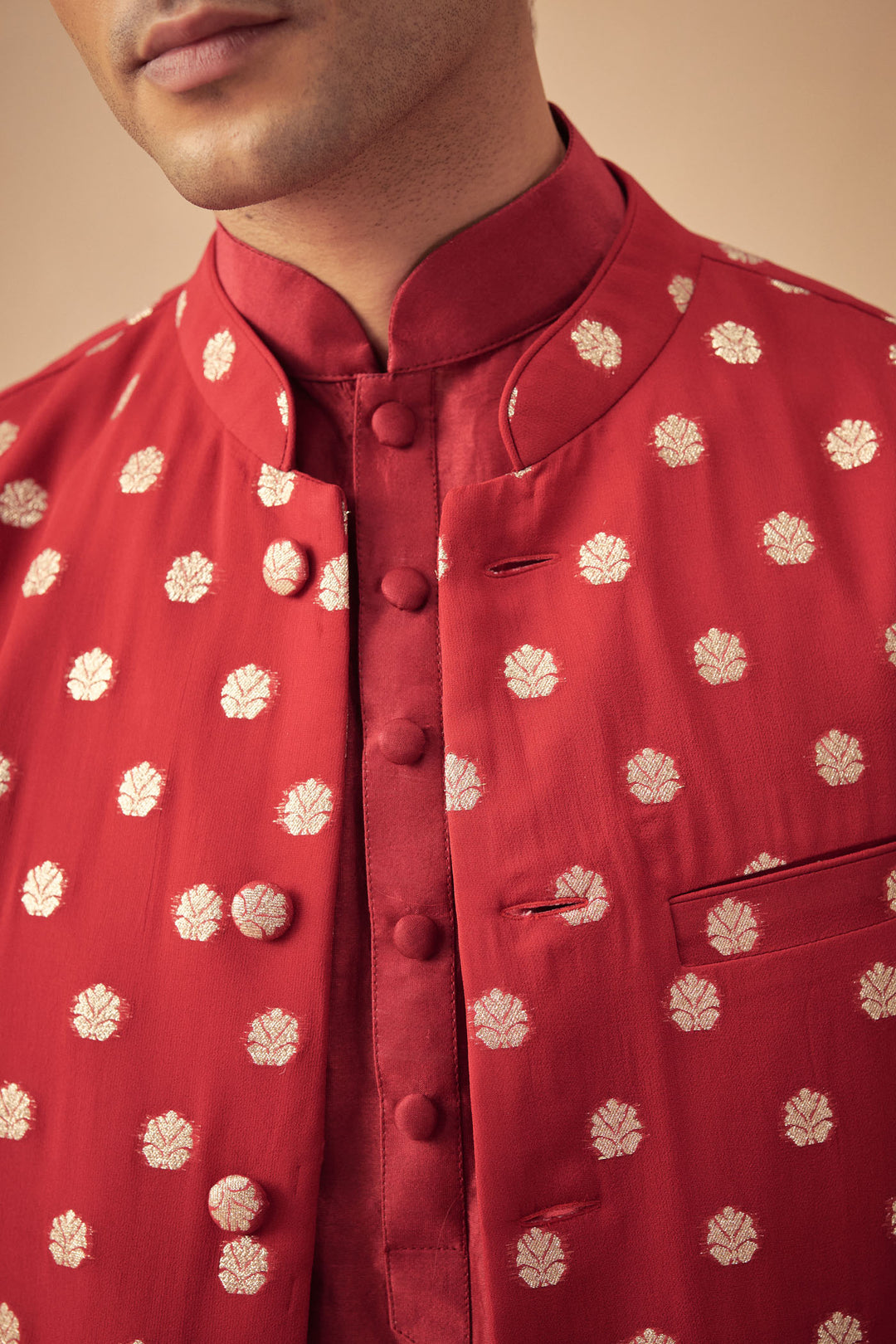 Red Kurta with Banarasi Bundi Set