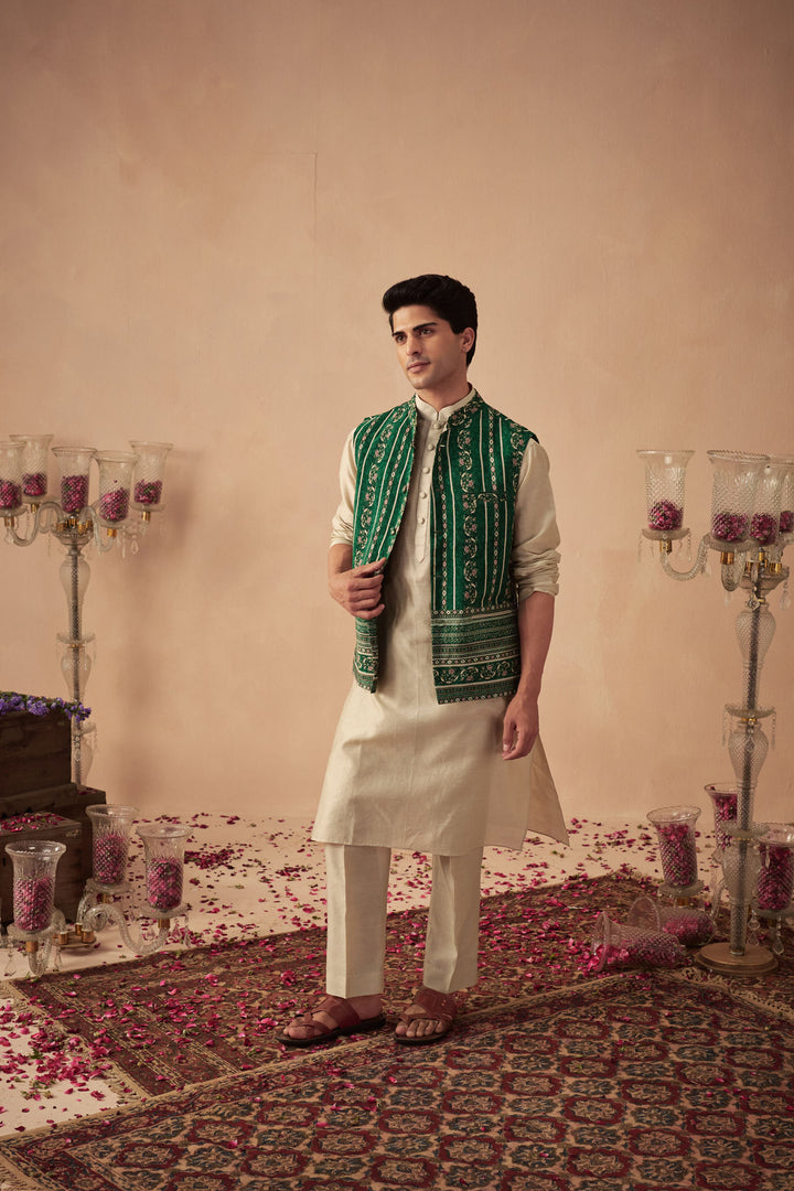 Beige Kurta with Green Bundi Set