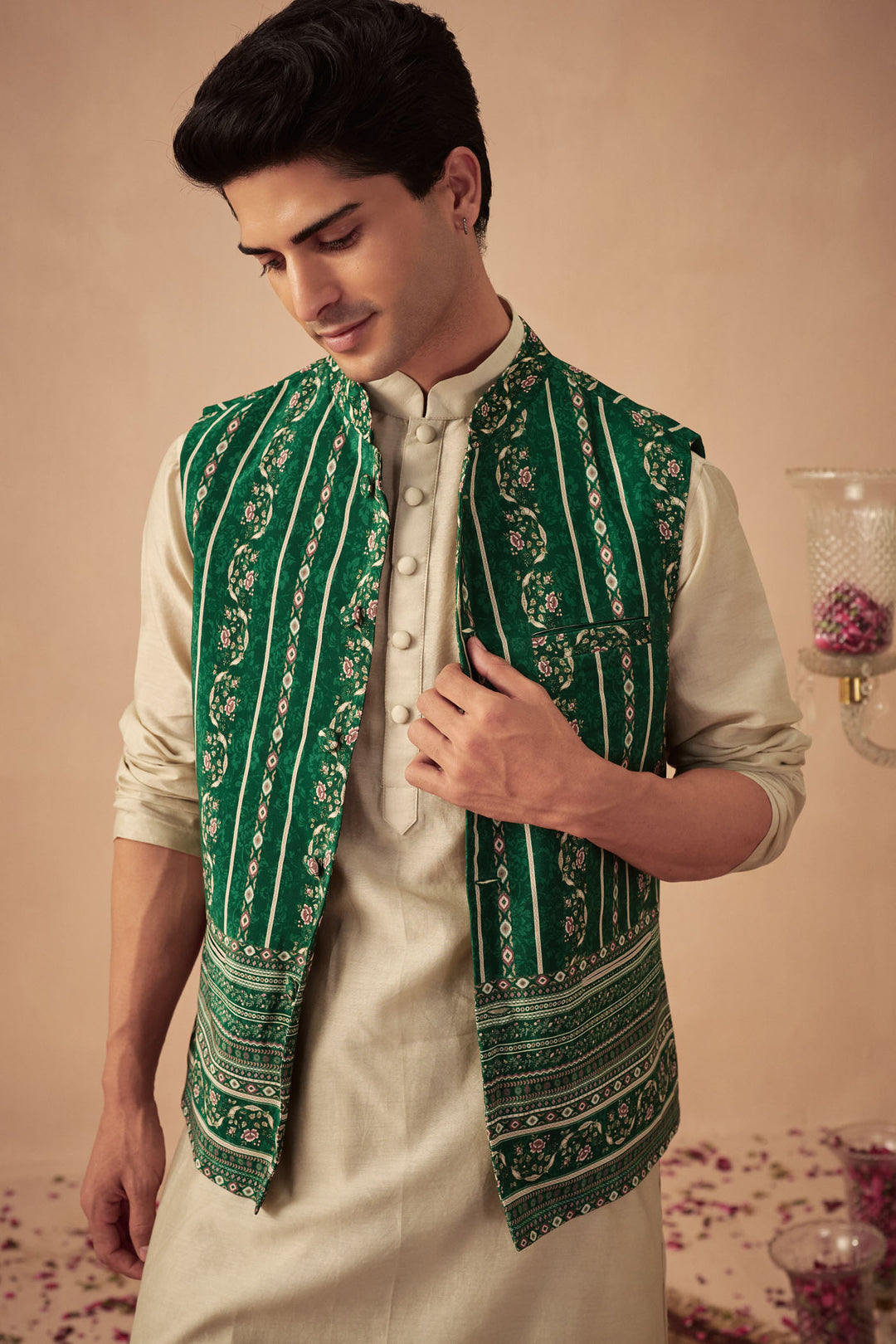 Beige Kurta with Green Bundi Set