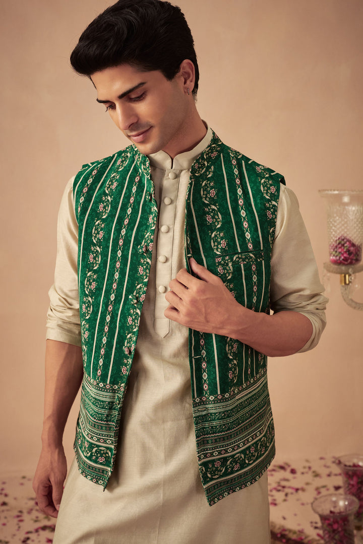 Beige Kurta with Green Bundi Set
