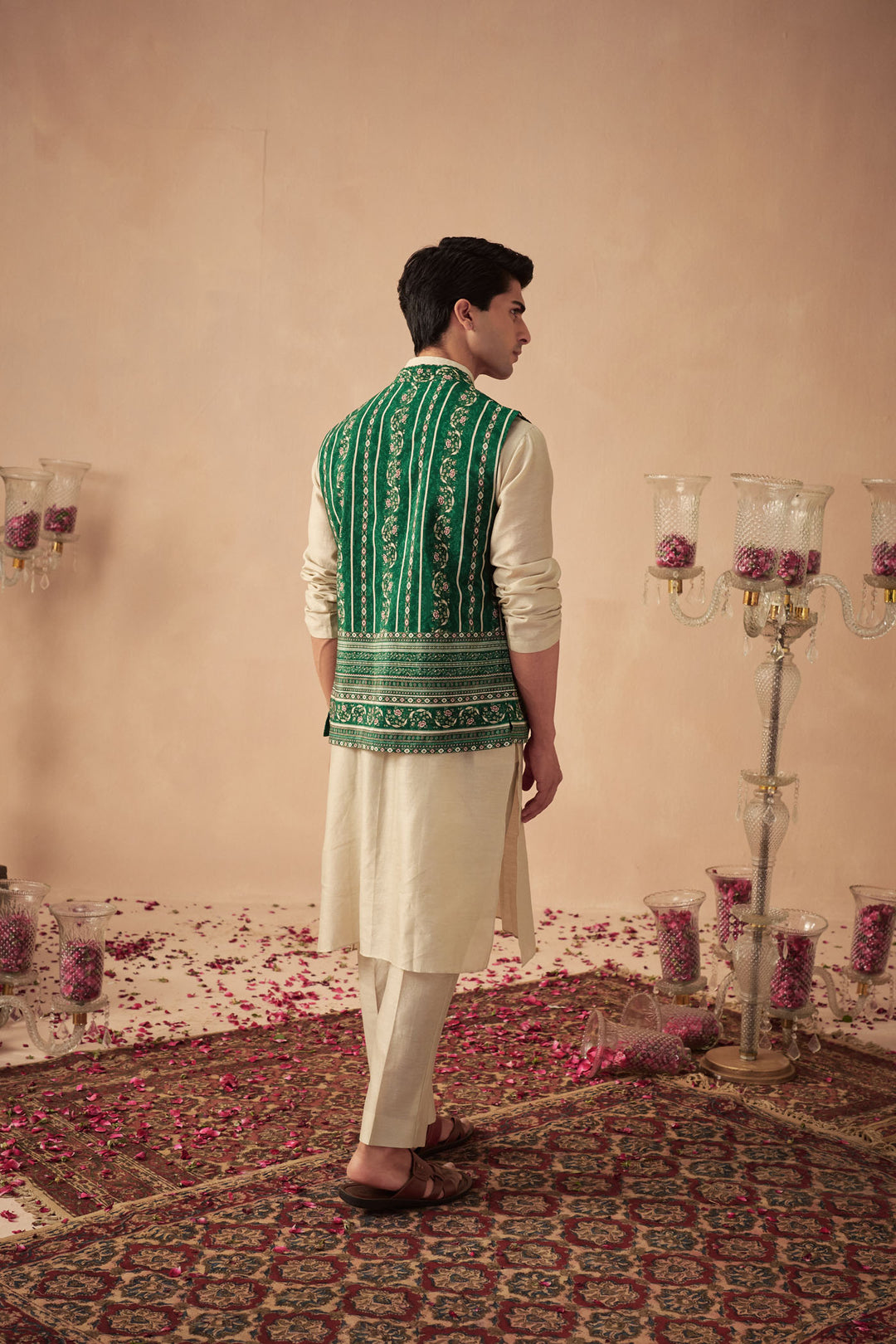 Beige Kurta with Green Bundi Set