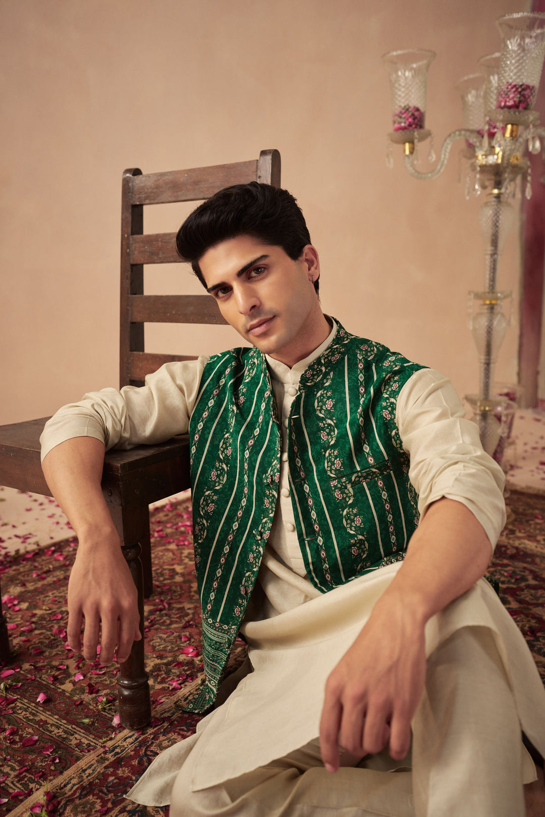 Beige Kurta with Green Bundi Set