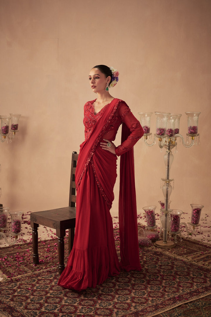 Red Pre-Draped Saree