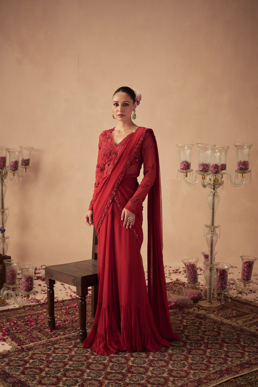 Red Pre-Draped Saree