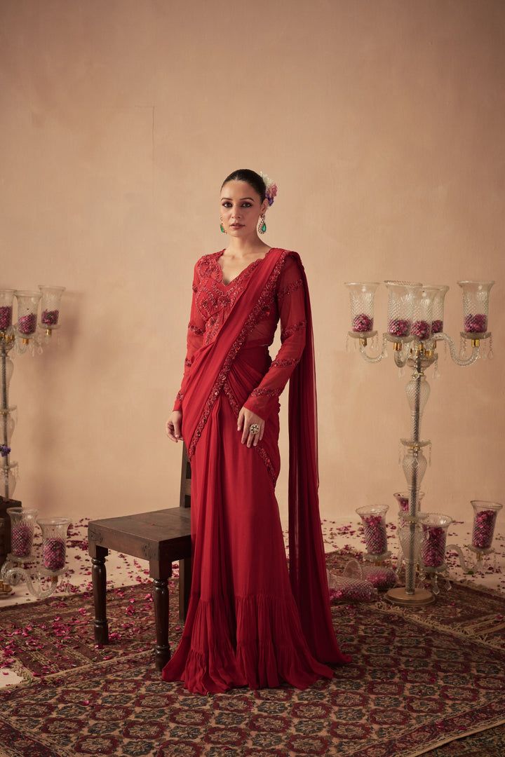 Red Pre-Draped Saree