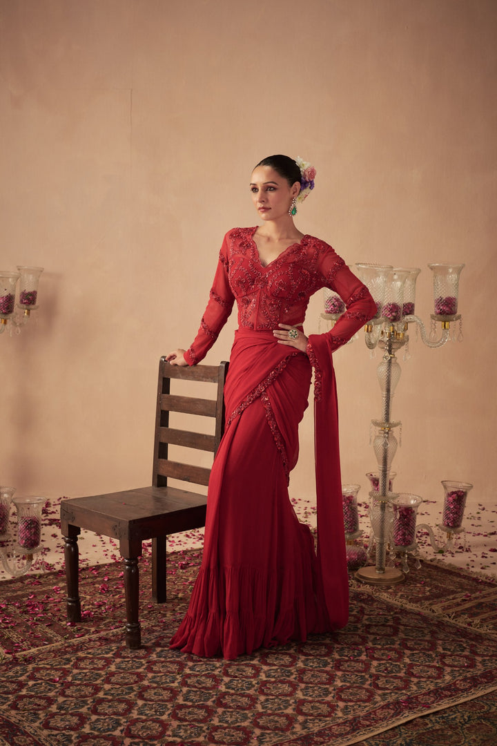 Red Pre-Draped Saree