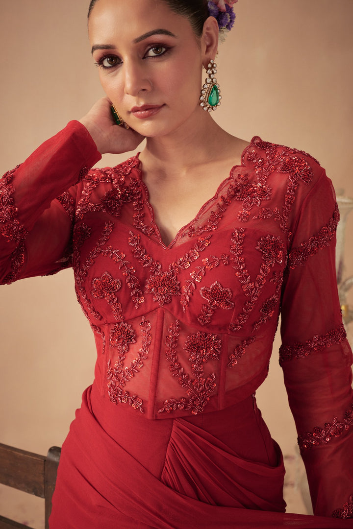Red Pre-Draped Saree
