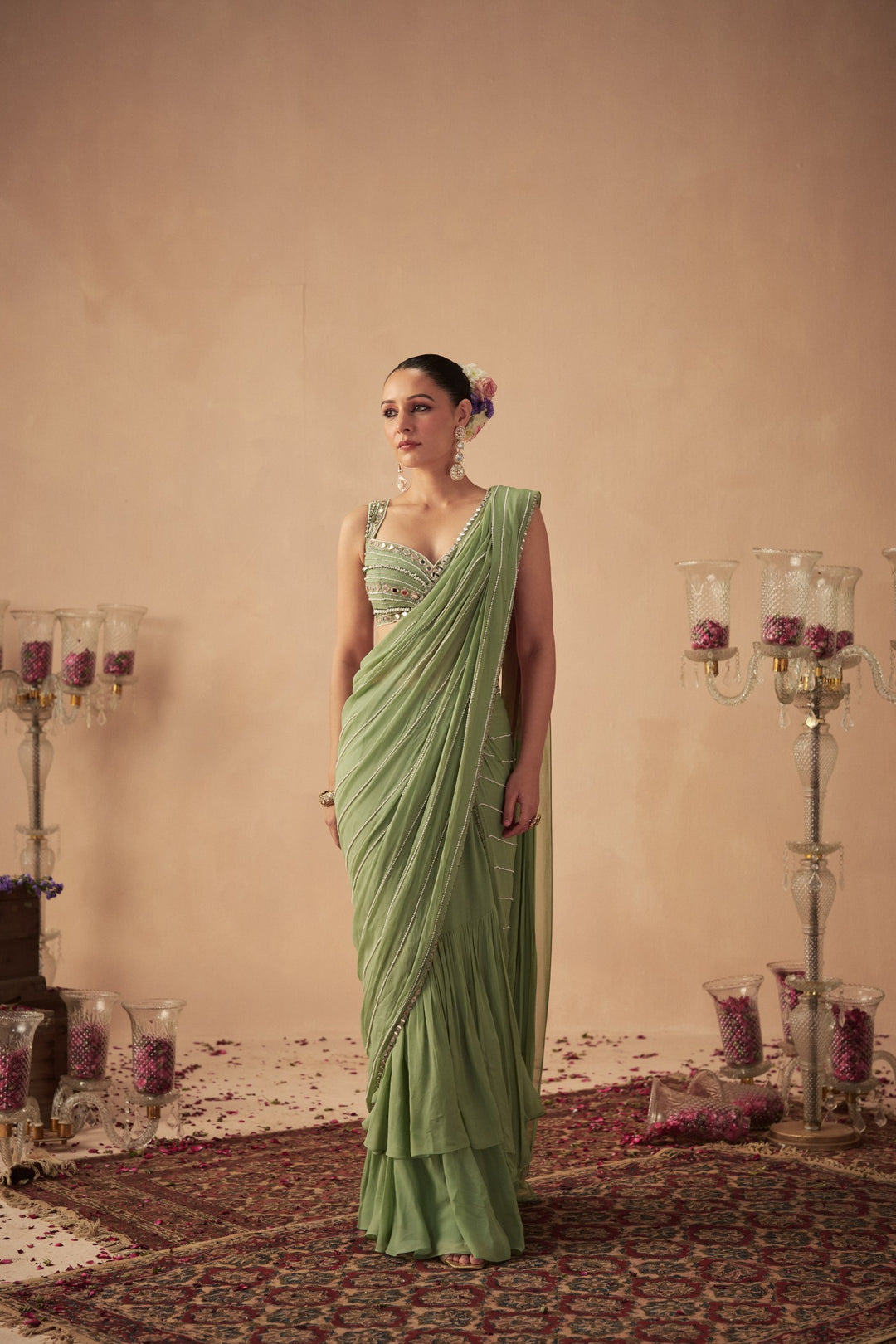 Sage Green Pre-Draped Saree