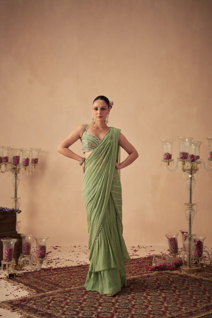 Sage Green Pre-Draped Saree