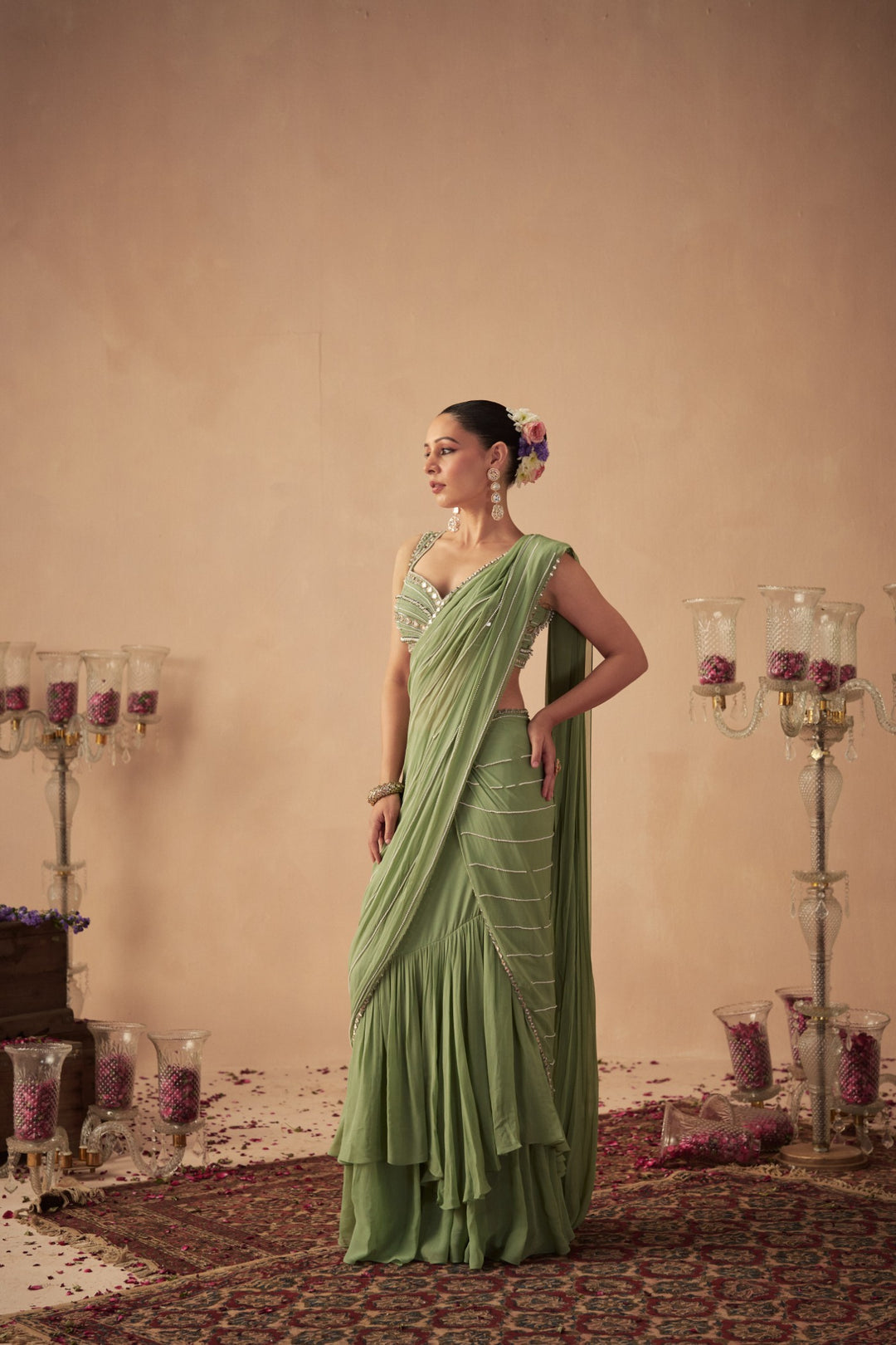 Sage Green Pre-Draped Saree