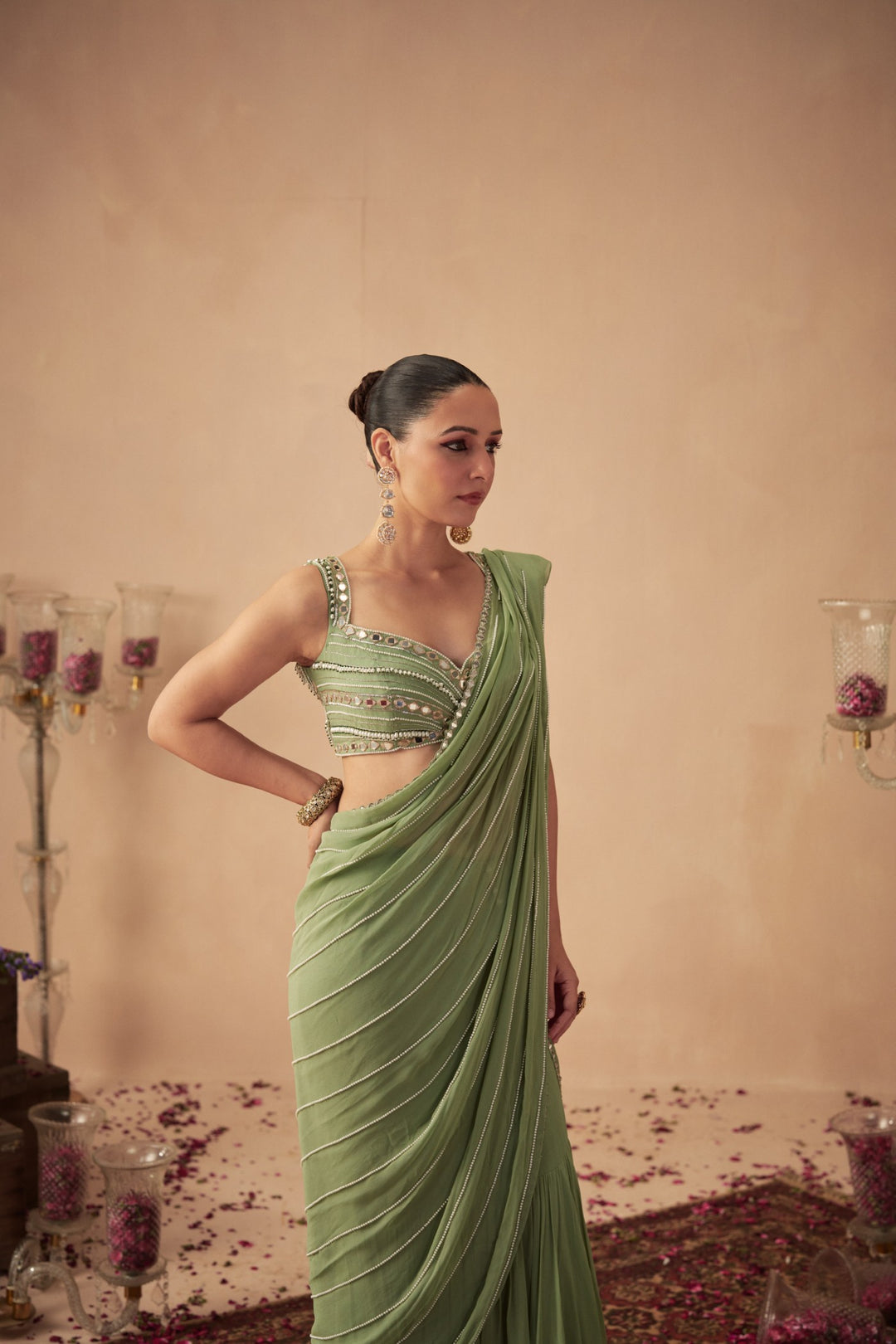 Sage Green Pre-Draped Saree