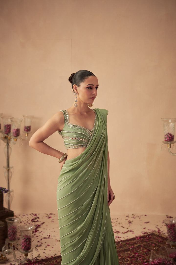 Sage Green Pre-Draped Saree