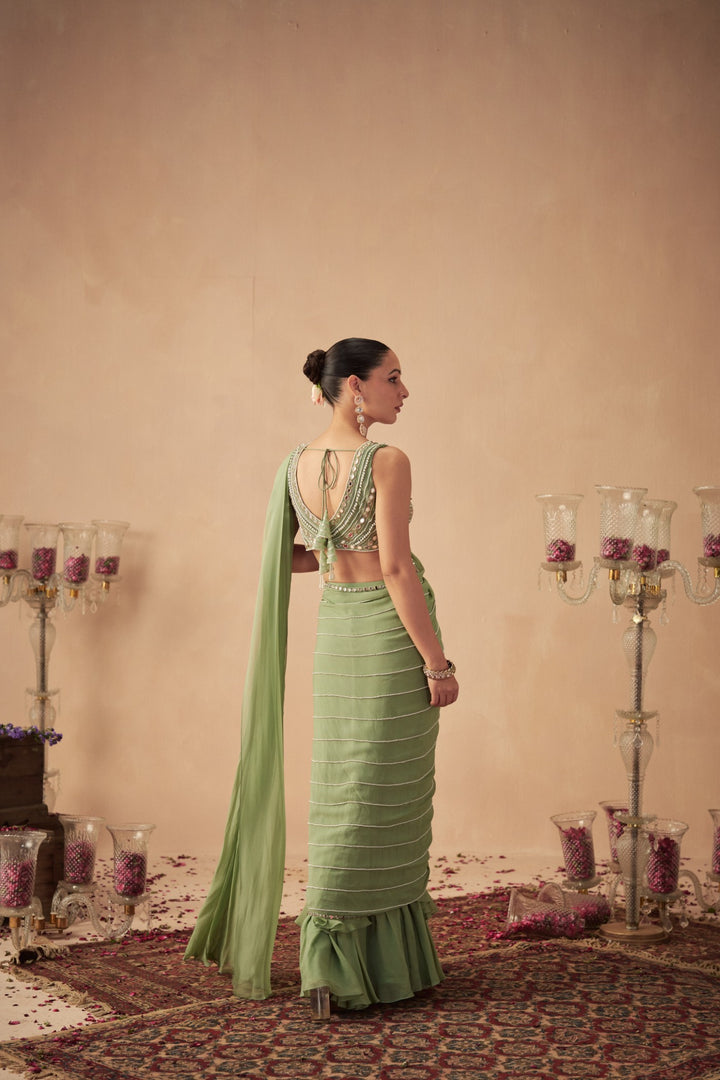 Sage Green Pre-Draped Saree