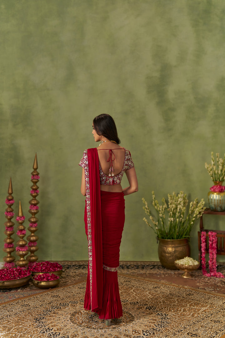 Ruby Red Pre-Draped Saree With Mirror Work Blouse