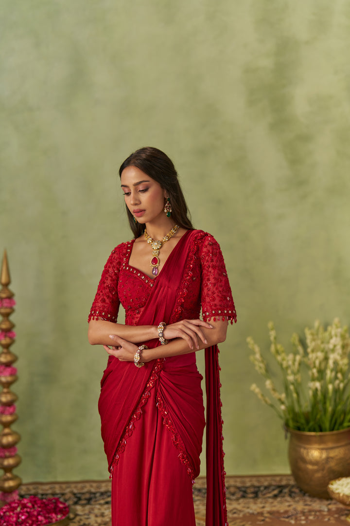 Ruby Red Pre Draped Saree