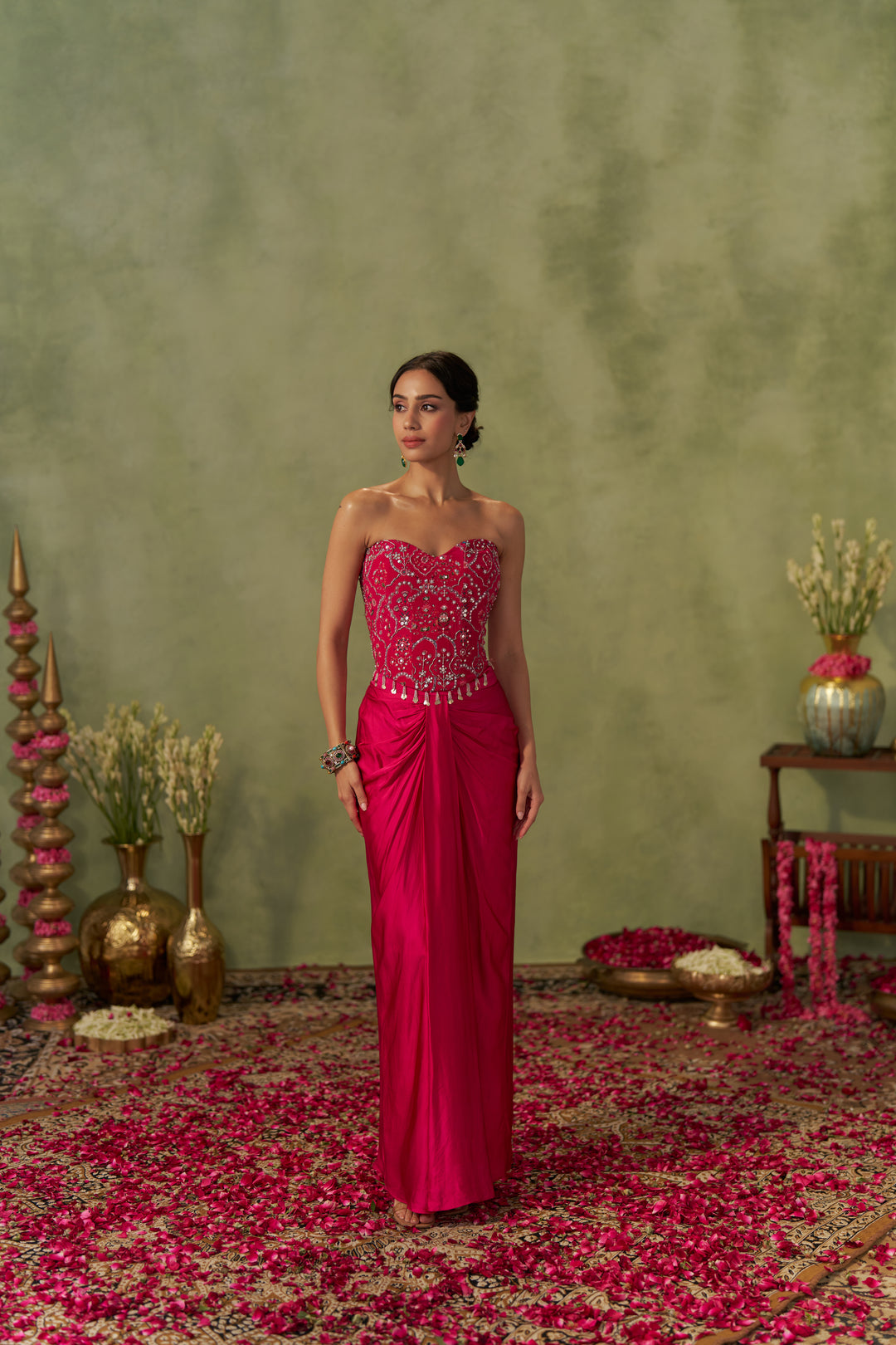 Rani Pink Jacket With Draped Skirt And Bustier