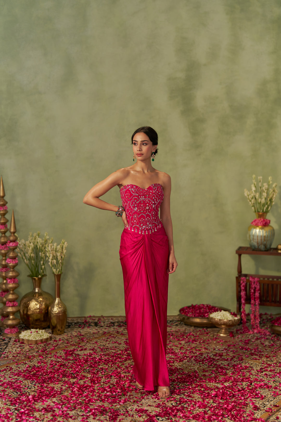Rani Pink Jacket With Draped Skirt And Bustier