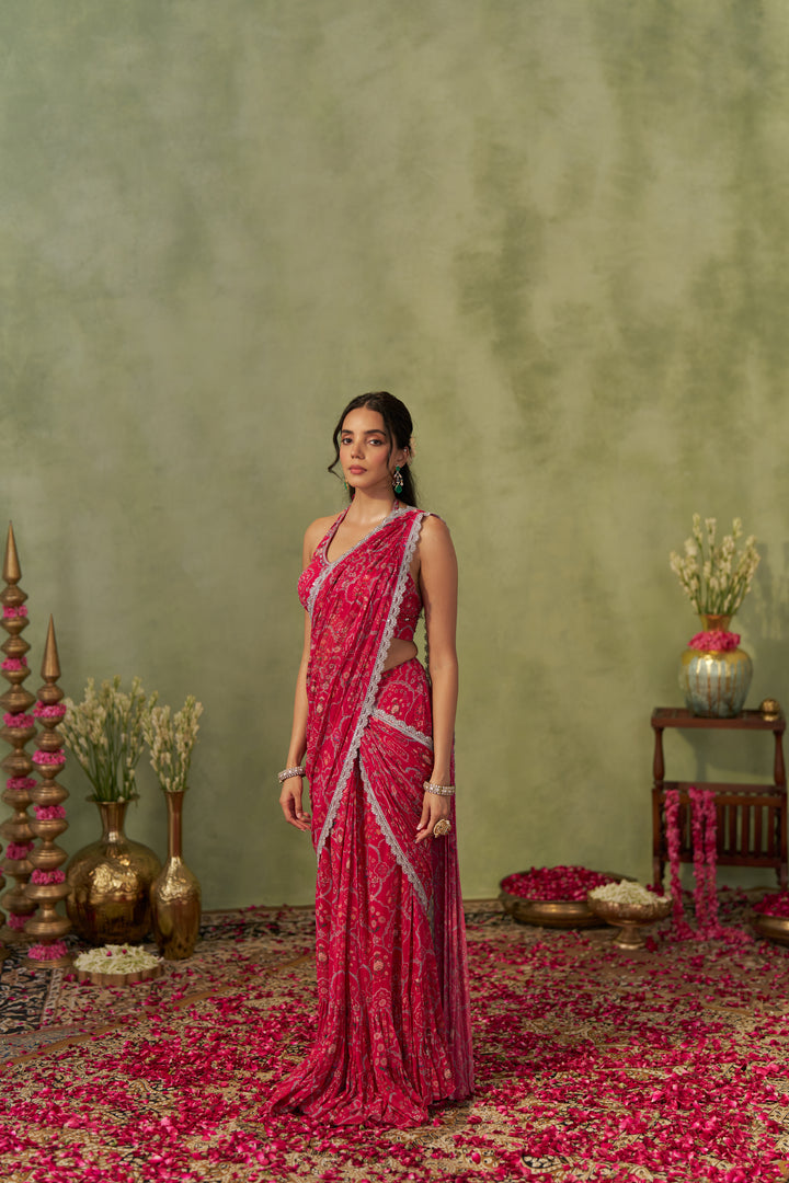 Rani Pink Pre-Draped Saree