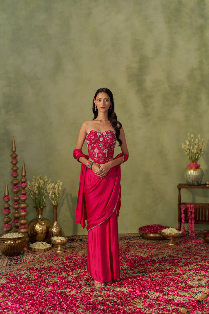 Rani Pink Satin Saree With Corset