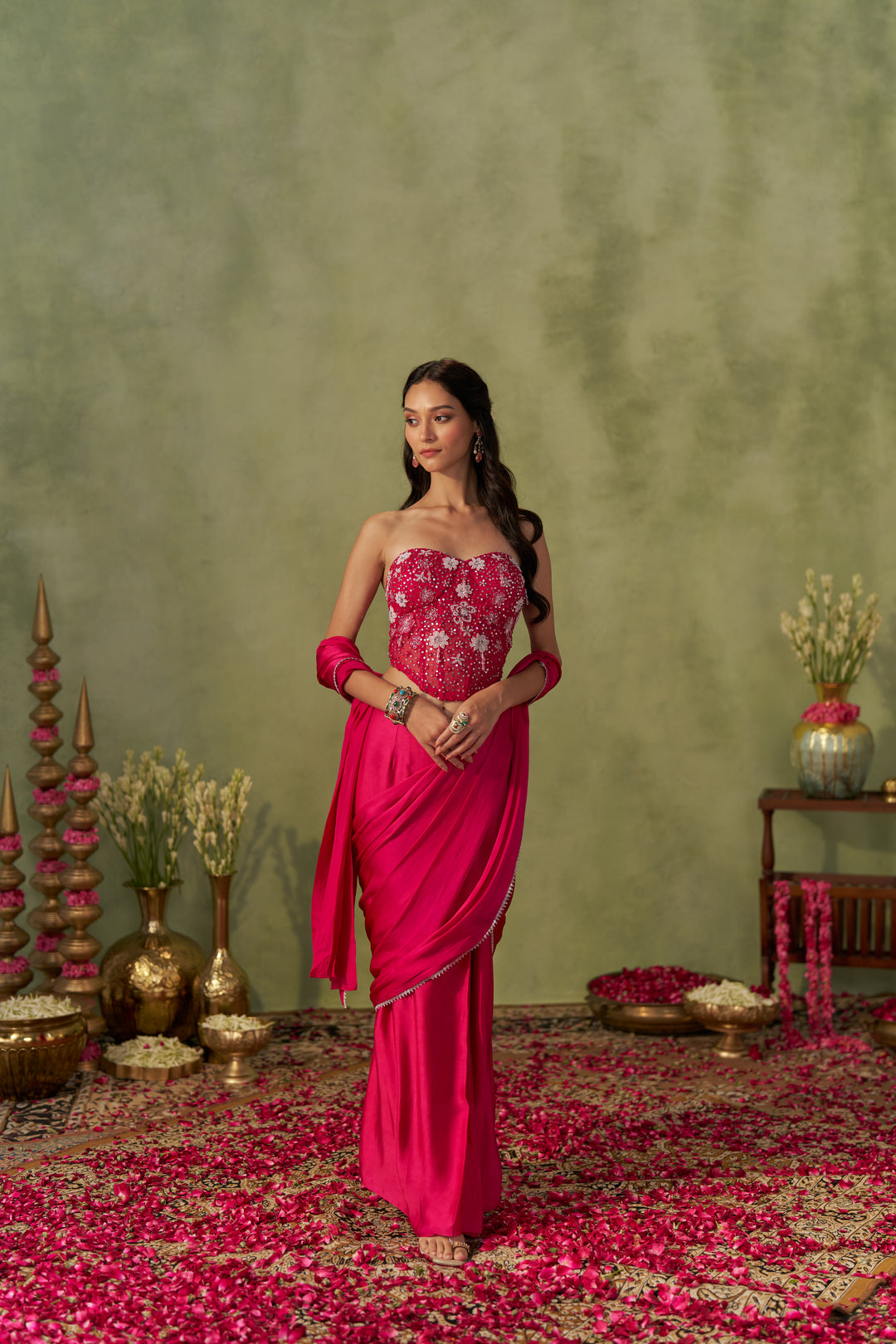Rani Pink Satin Saree With Corset