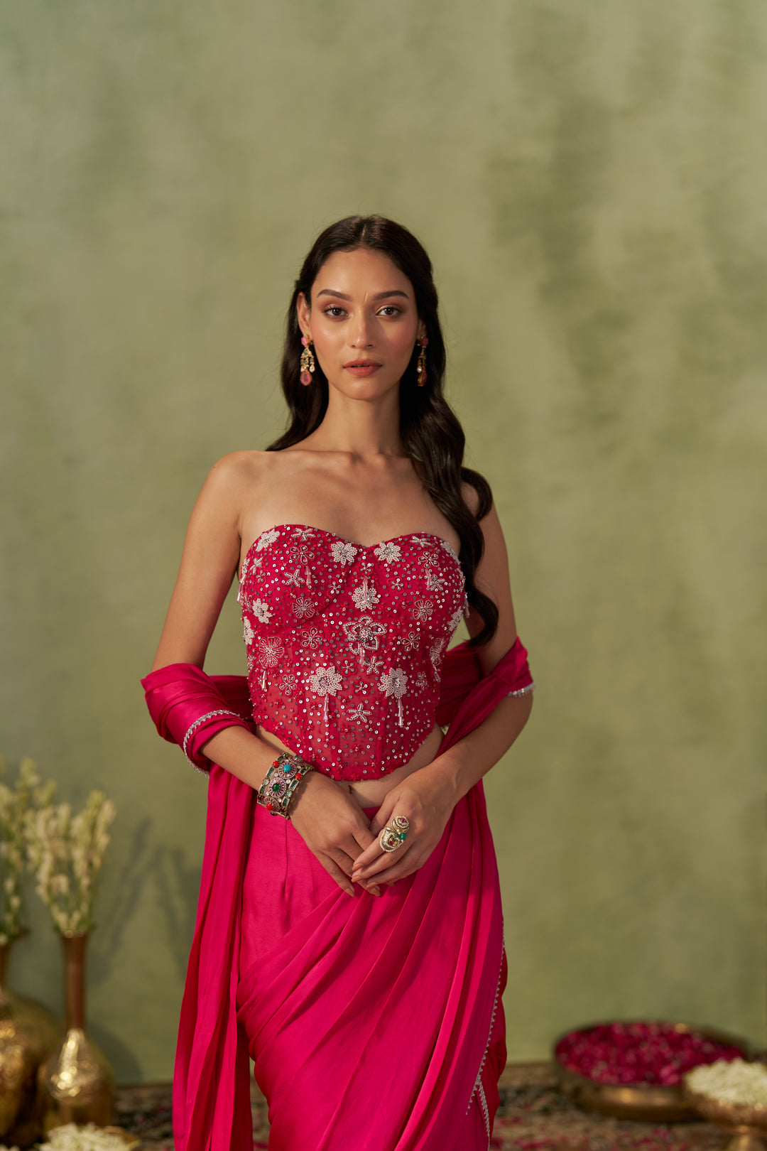 Rani Pink Satin Saree With Corset