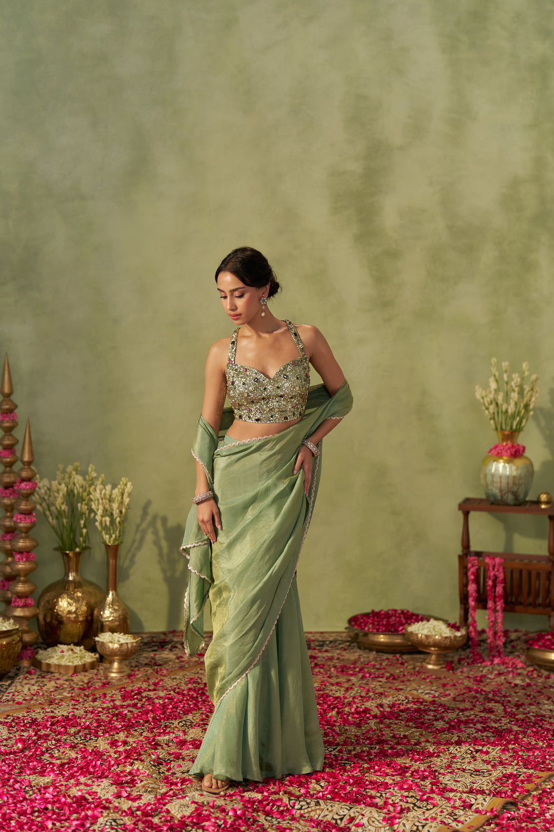 Pista Tissue Pre-Draped Saree