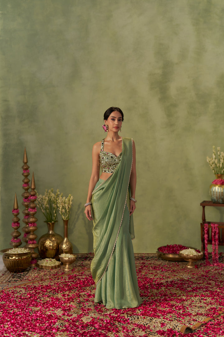 Pista Tissue Pre-Draped Saree