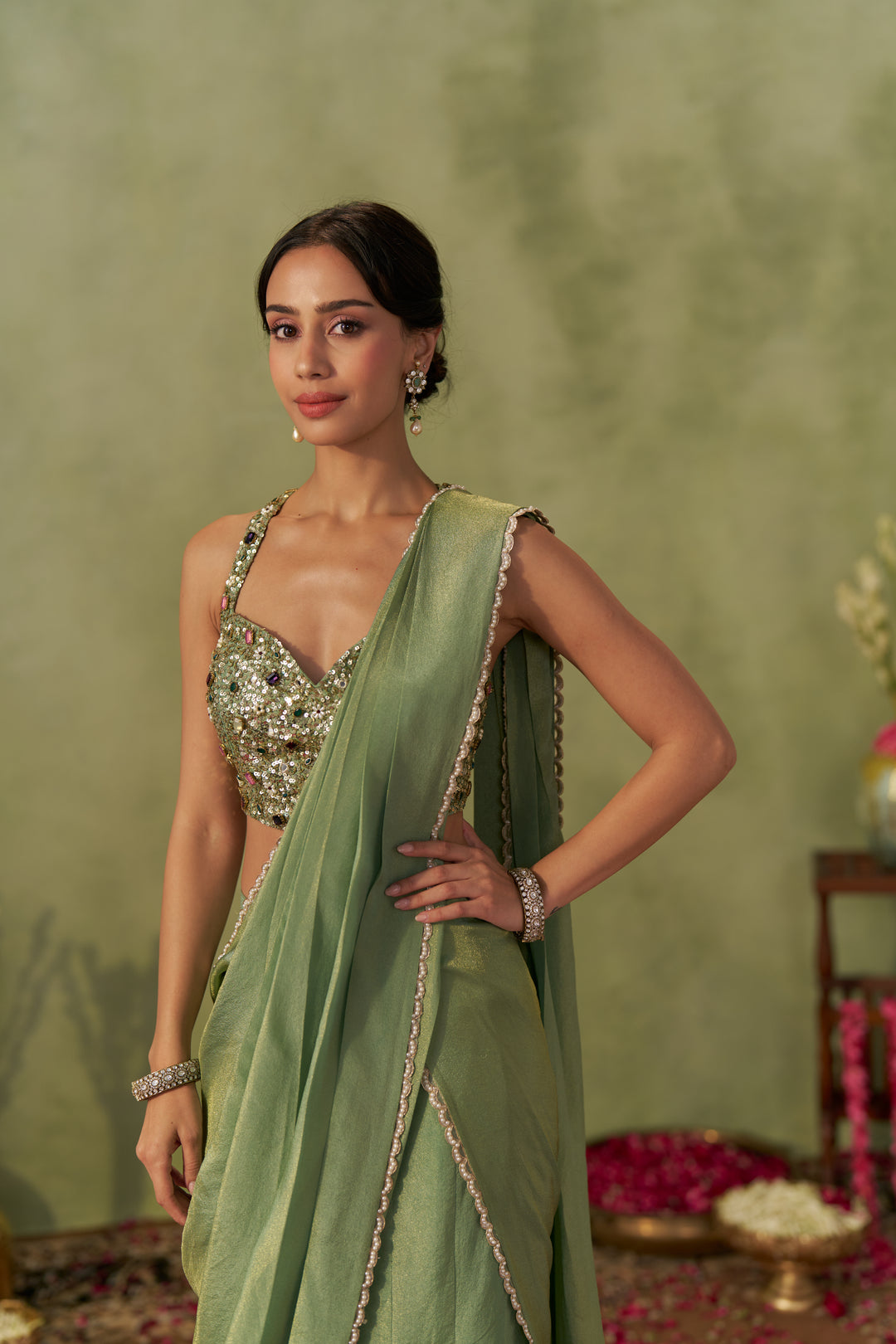 Pista Tissue Pre-Draped Saree