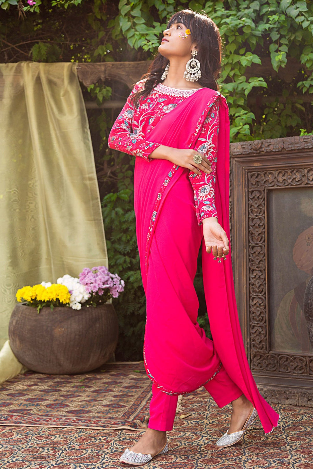 Pink Printed Blouse With Pink Pant Saree