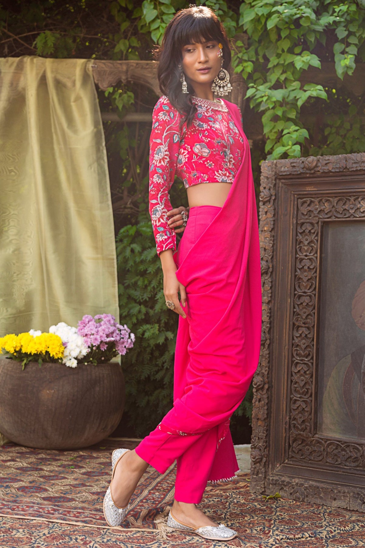 Red Printed Blouse With Pink Pant Saree