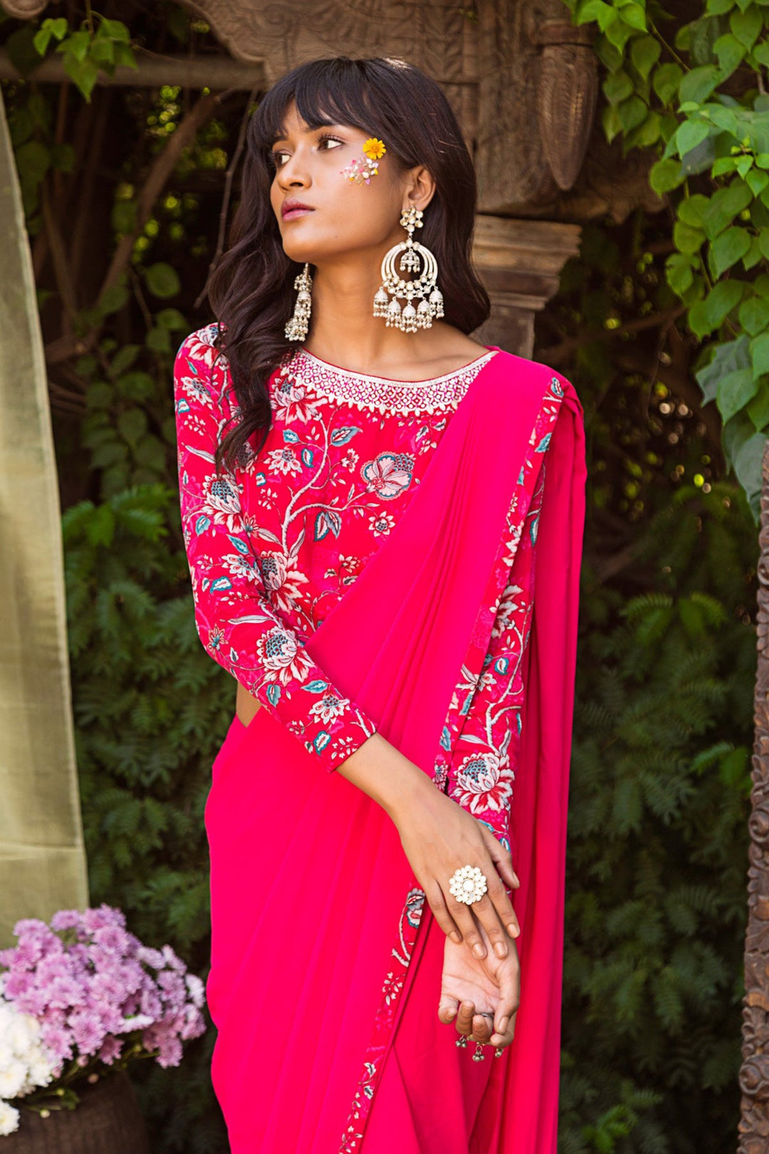 Pink Printed Blouse With Pink Pant Saree