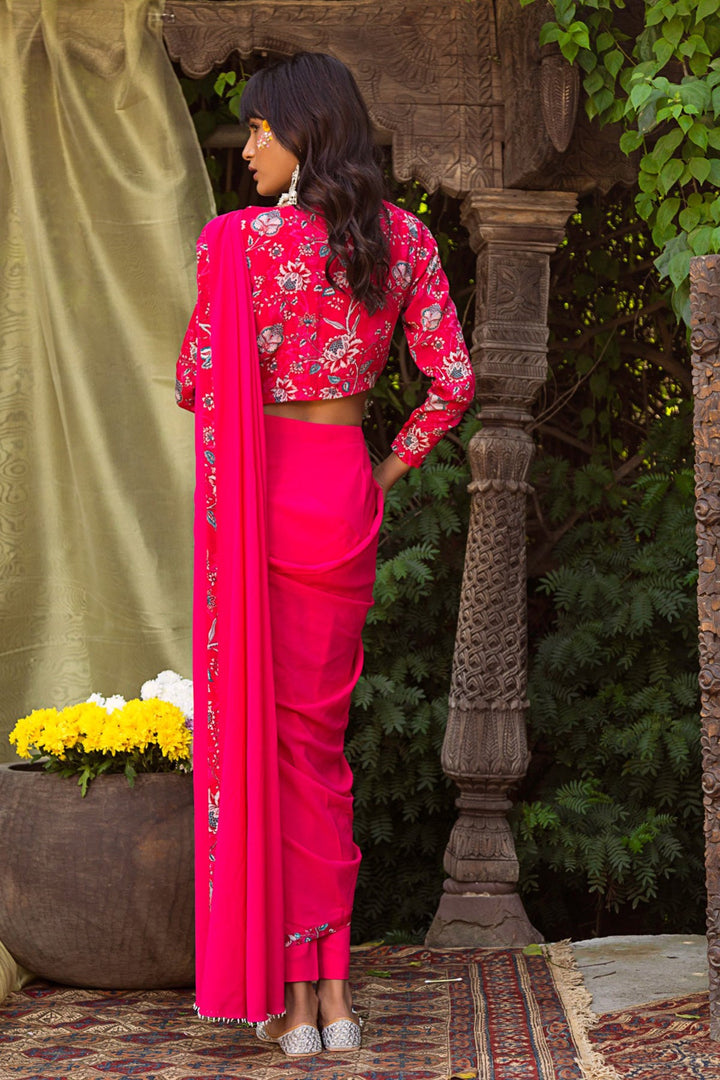 Pink Printed Blouse With Pink Pant Saree