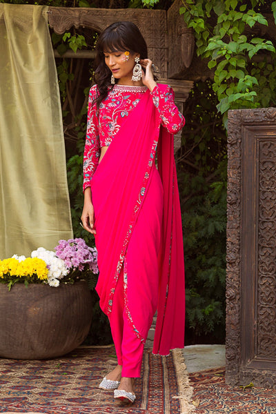 Red Printed Blouse With Pink Pant Saree