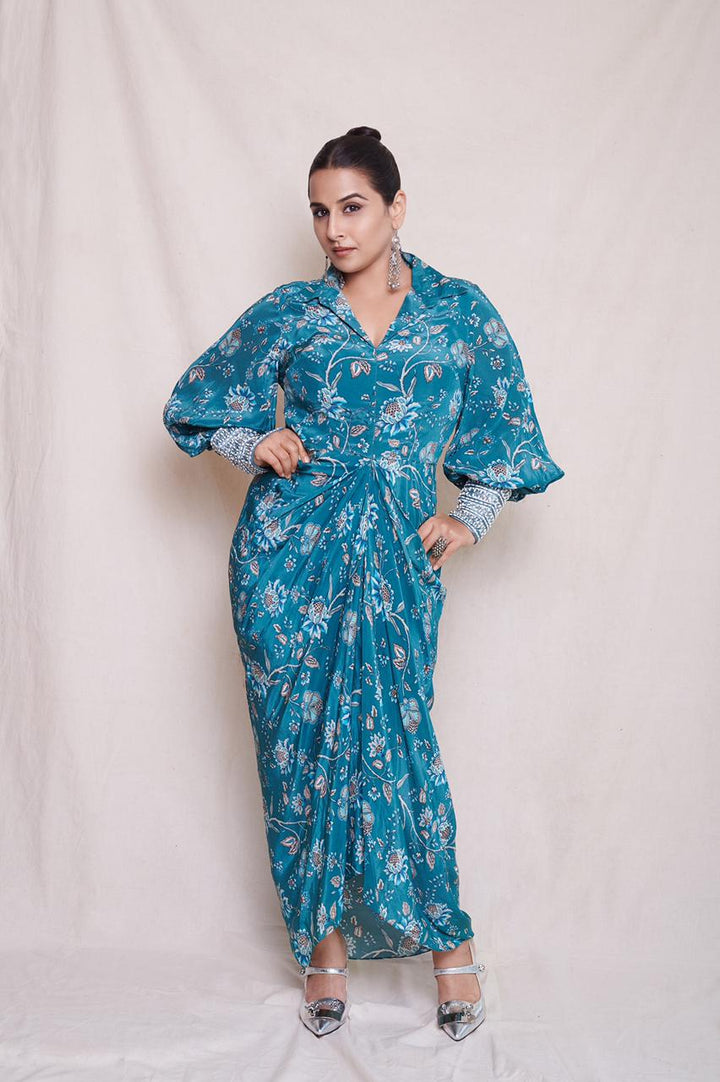 Vidya Balan in Teal Printed Draped Dress