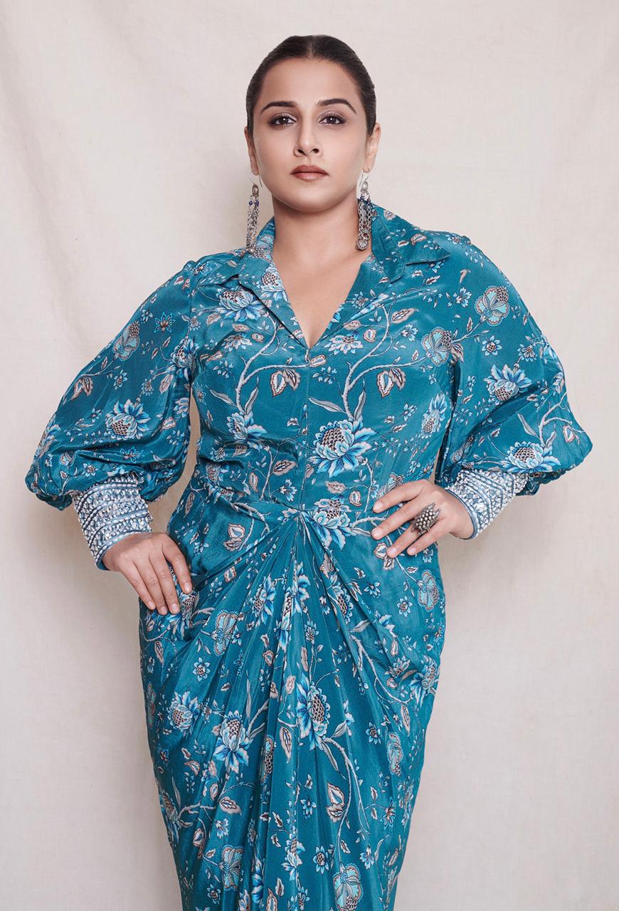 Vidya Balan in Teal Printed Draped Dress