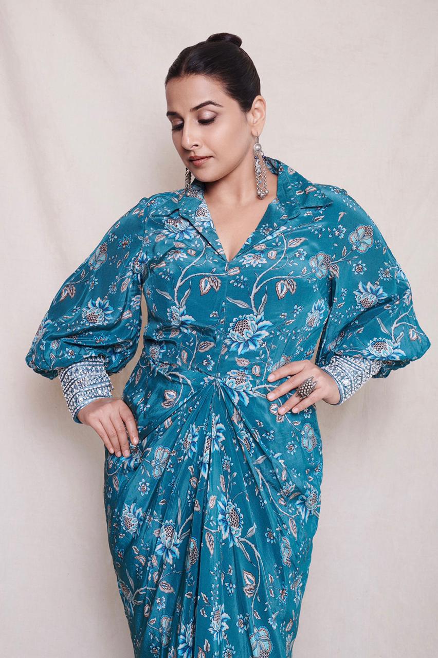 Vidya Balan in Teal Printed Draped Dress