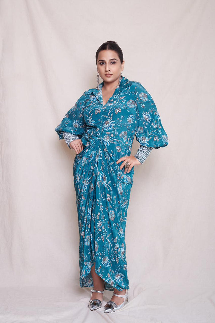 Vidya Balan in Teal Printed Draped Dress