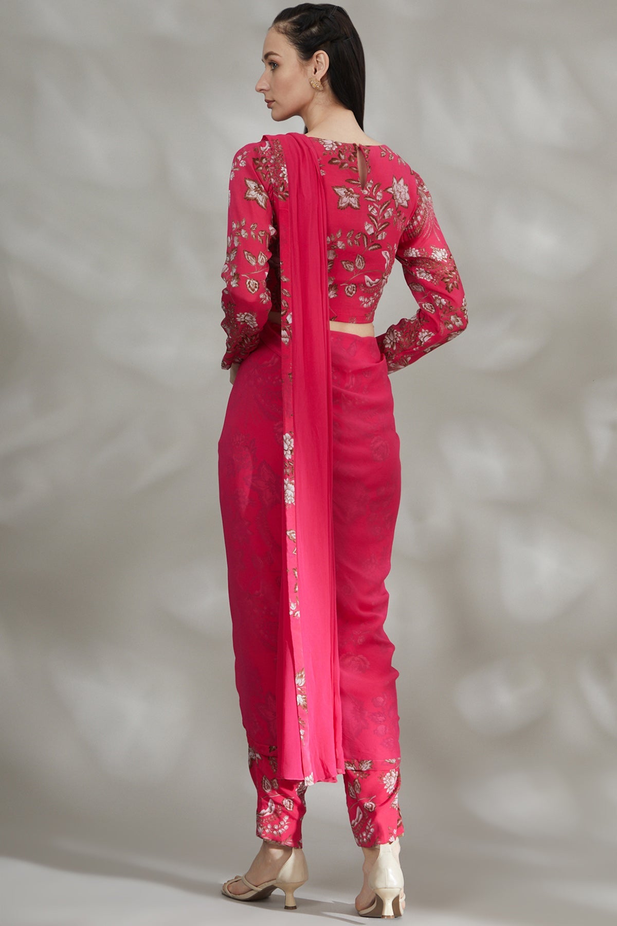 Pink Printed Pant Saree Set - RTS