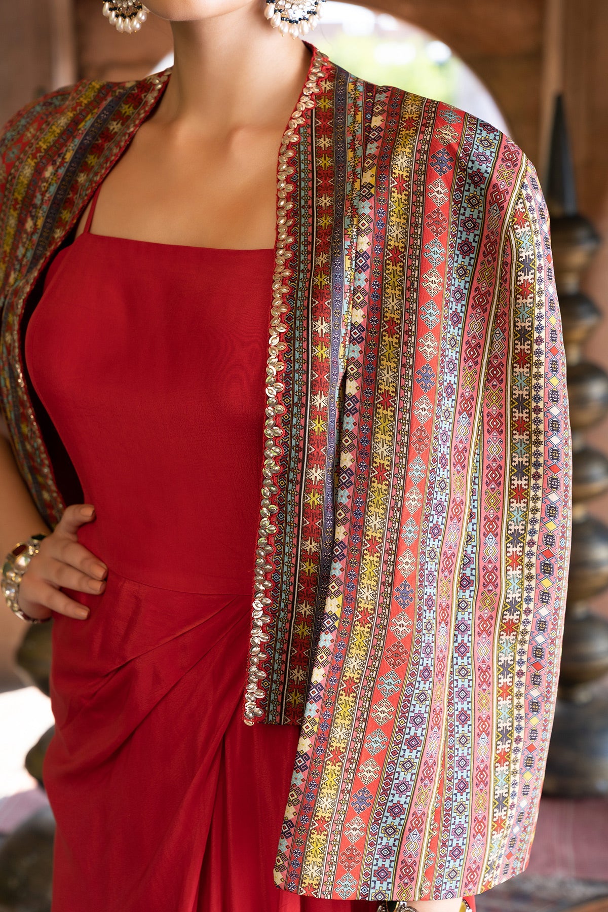 Red Draped Dress With Printed Cape Jacket - RTS