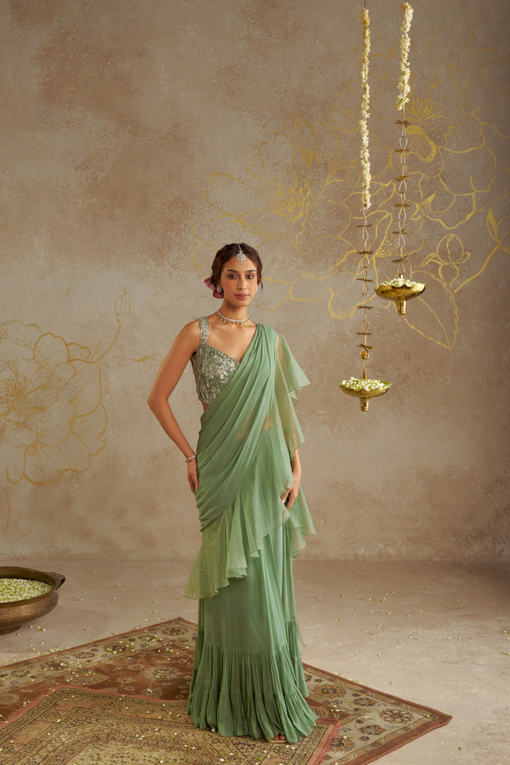 Jade  Pre- Draped Frill Saree