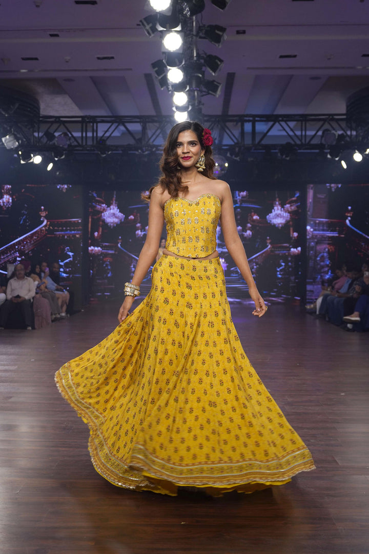 Yellow Booti Lehenga and Corset