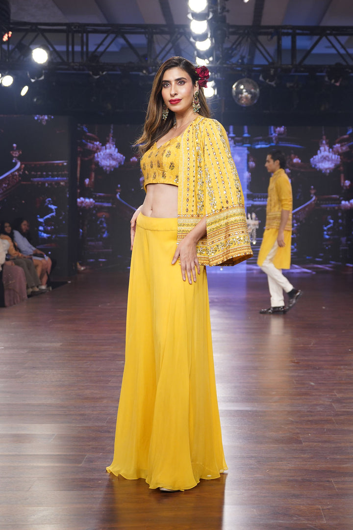 Yellow Vine Jacket with Palazzo and Bustier