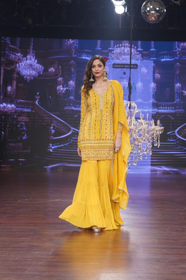 Yellow Vine Tiered Sharara Set