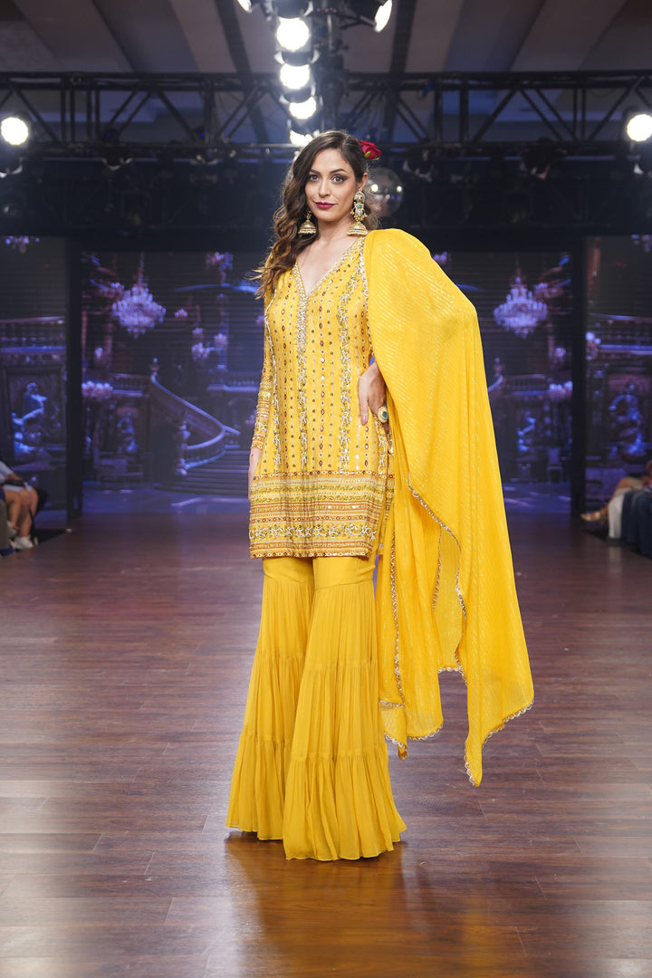 Yellow Vine Tiered Sharara Set