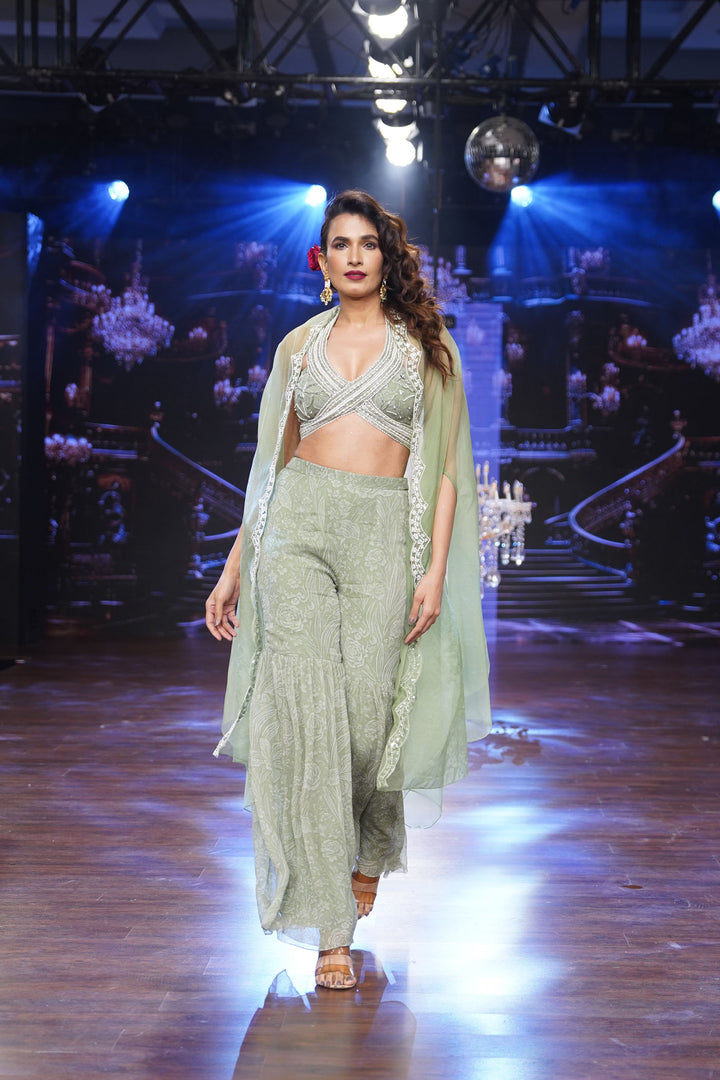 Sage Green Meadow Sharara and Bustier with Cape