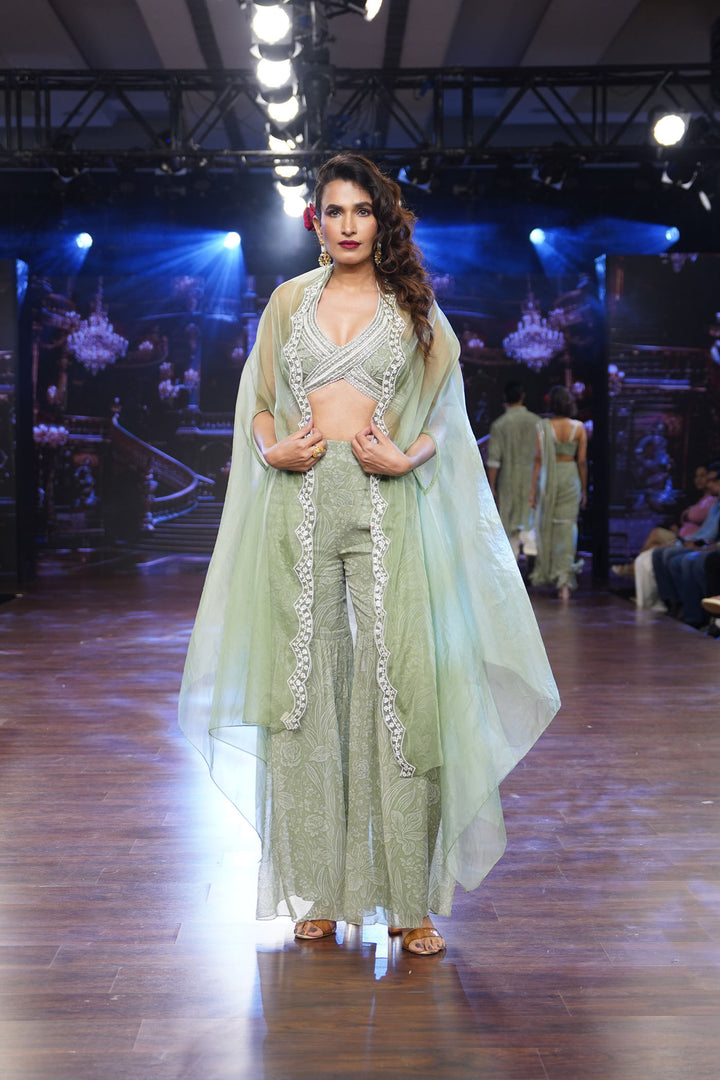 Sage Green Meadow Sharara and Bustier with Cape