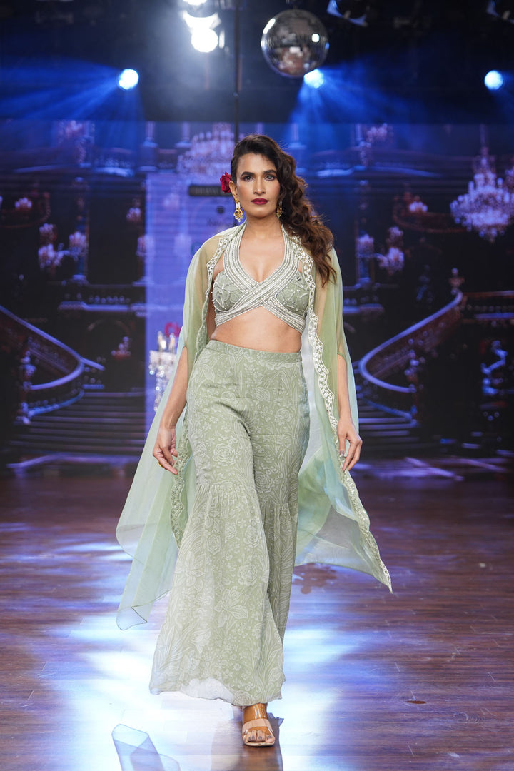 Sage Green Meadow Sharara and Bustier with Cape