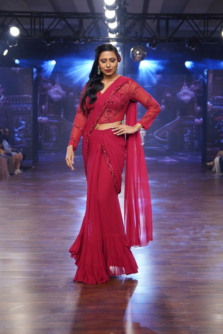 Red Pre-Draped Saree