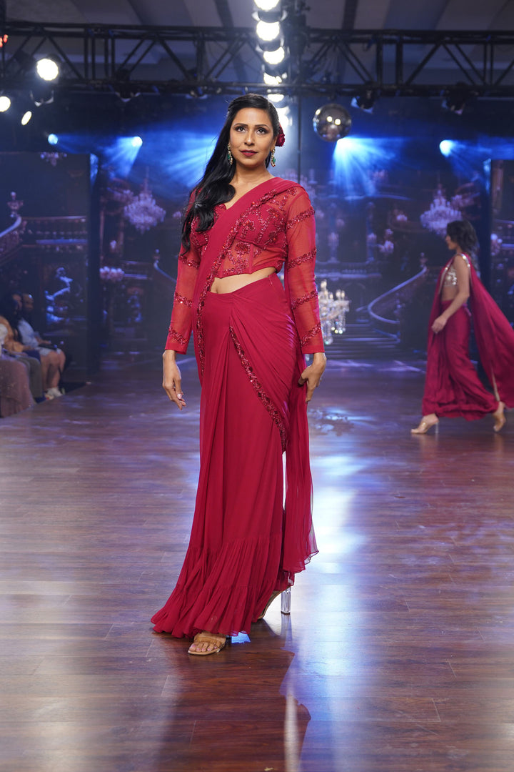 Red Pre-Draped Saree