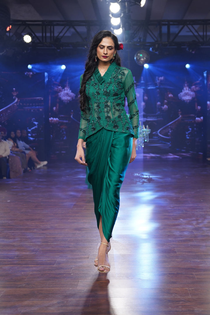 Emerald Green Jacket with Draped Skirt and Inner